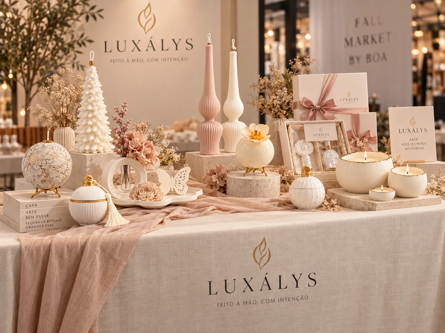 Banca da Luxálys numa feira, com velas, gesso e caixas de presente
