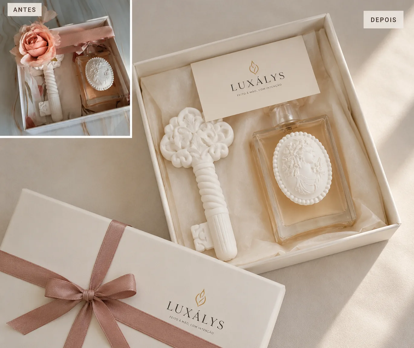 Caixa de presente aberta com peças de gesso e um frasco de perfume