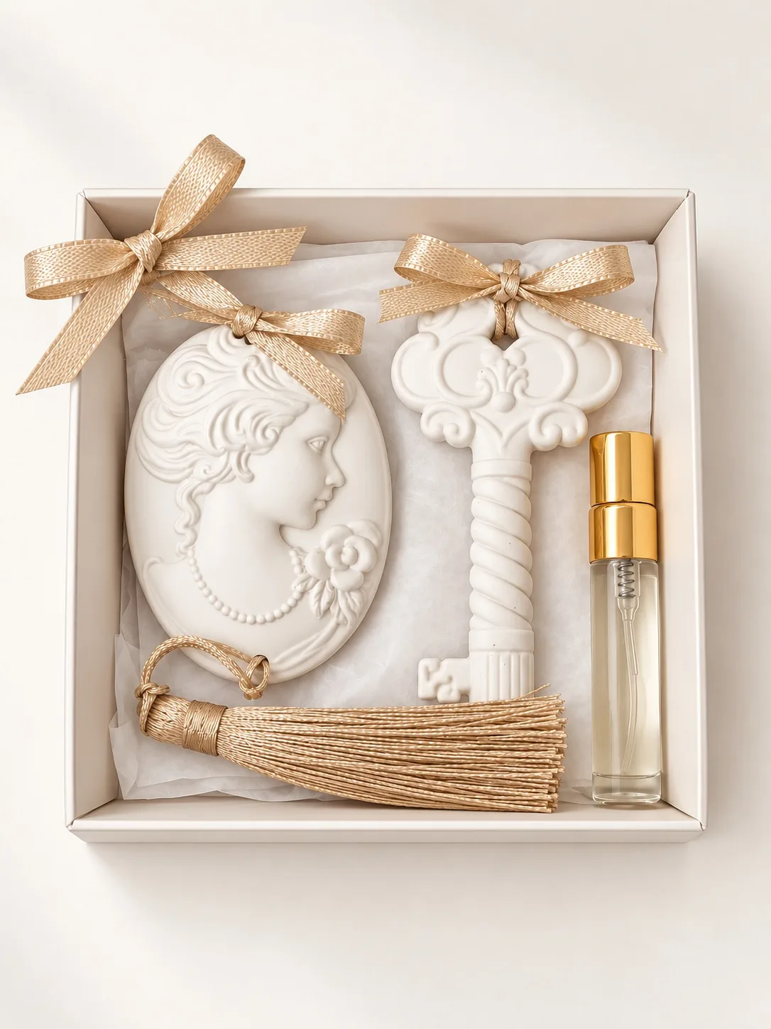 Caixa com camafeu e chave em gesso perfumado e frasco de perfume