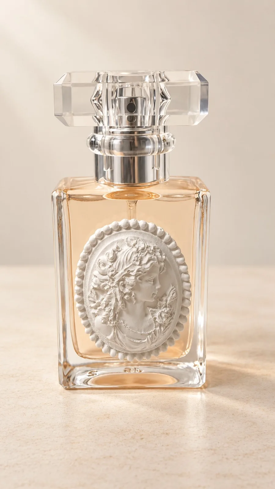Frasco de perfume de vidro com um camafeu em gesso branco