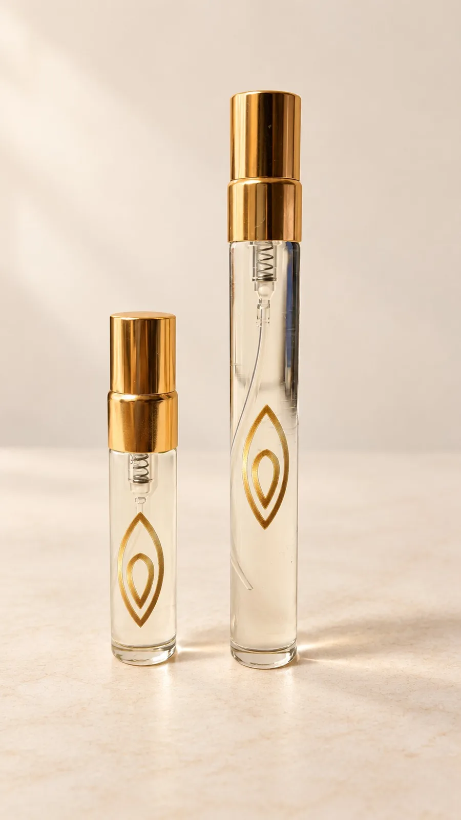 Dois frascos de intensificador de aroma com tampa dourada e o símbolo da Luxálys