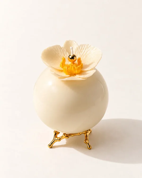 Vela esférica cor de marfim com uma flor no topo, sobre suporte dourado